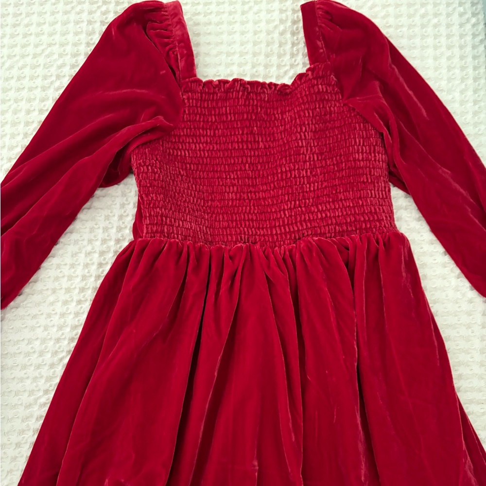 Janie and Jack Red Velvet Holiday Smocked Long-Sleeved Dress - Size 10